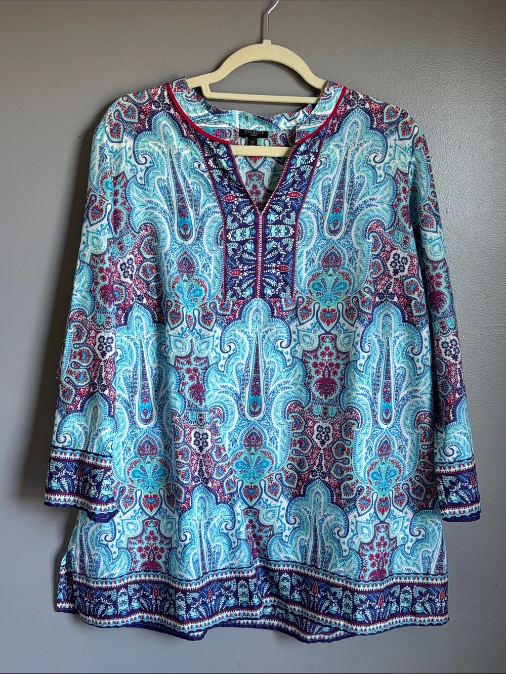 Talbots blue & teal paisley v-neck tunic w/ navy trim * sz 1X